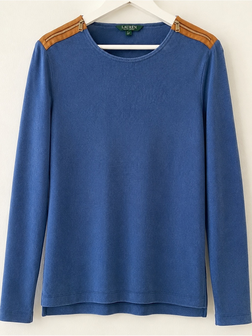 Lauren Ralph Lauren Women’s Blue Ribbed Cotton Long Sleeve Pullover Top Sweater